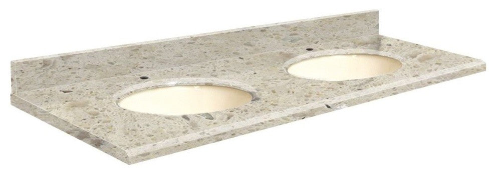 Quartz 61"x22" Double Sink Vanity Top, Single Faucet Hole, Carmel, Biscuit Bowl