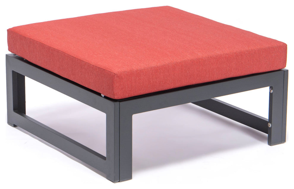 LeisureMod Chelsea Outdoor Black Ottomans With Cushions Set Of 2, Red