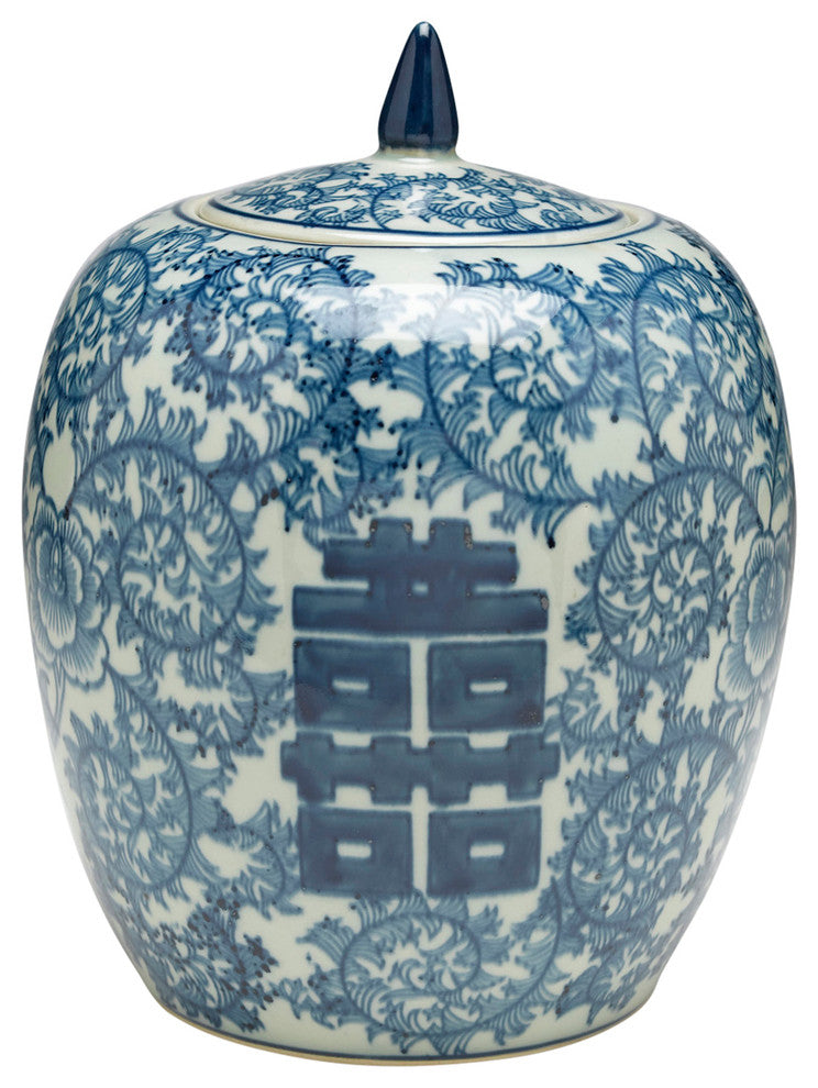Blue and White Round Jar With Lid