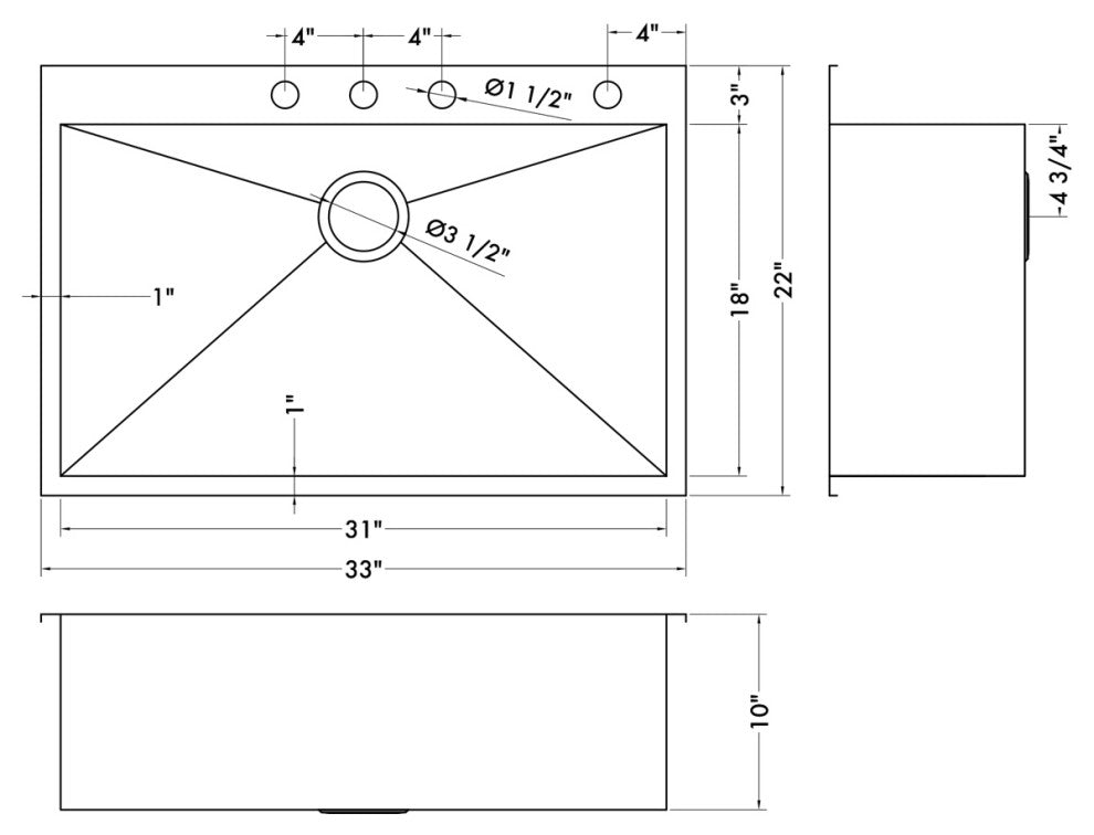 Ruvati RVH8001 Overmount 16 Gauge 33 Inch x 22 Inch Single Bowl Kitchen Sink