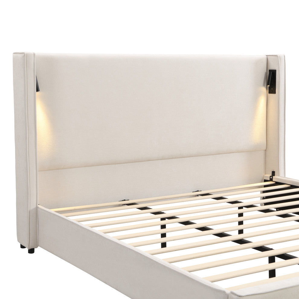 GDF Studio Fully-Upholstered Platform Bed With Reading Lamp & USB Port, King