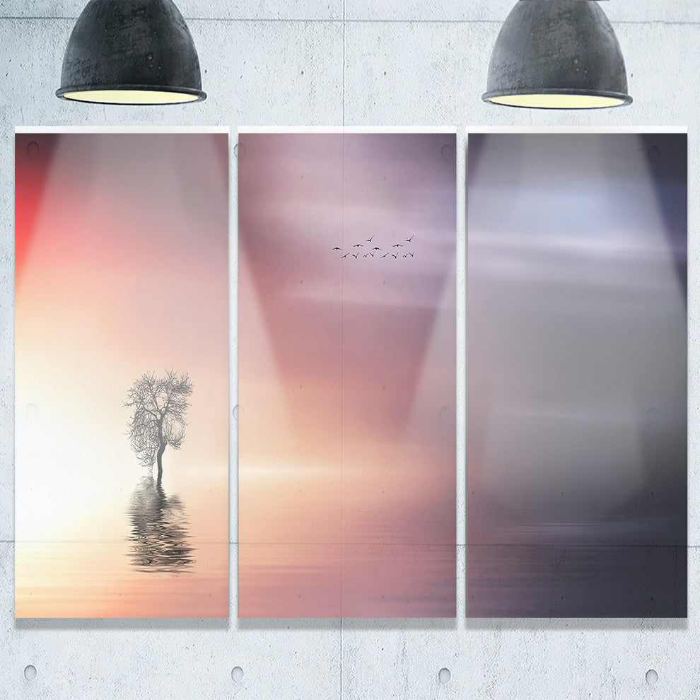 "Lonely Tree and Birds Panorama" Metal Landscape, 3 Panels, 36"x28"