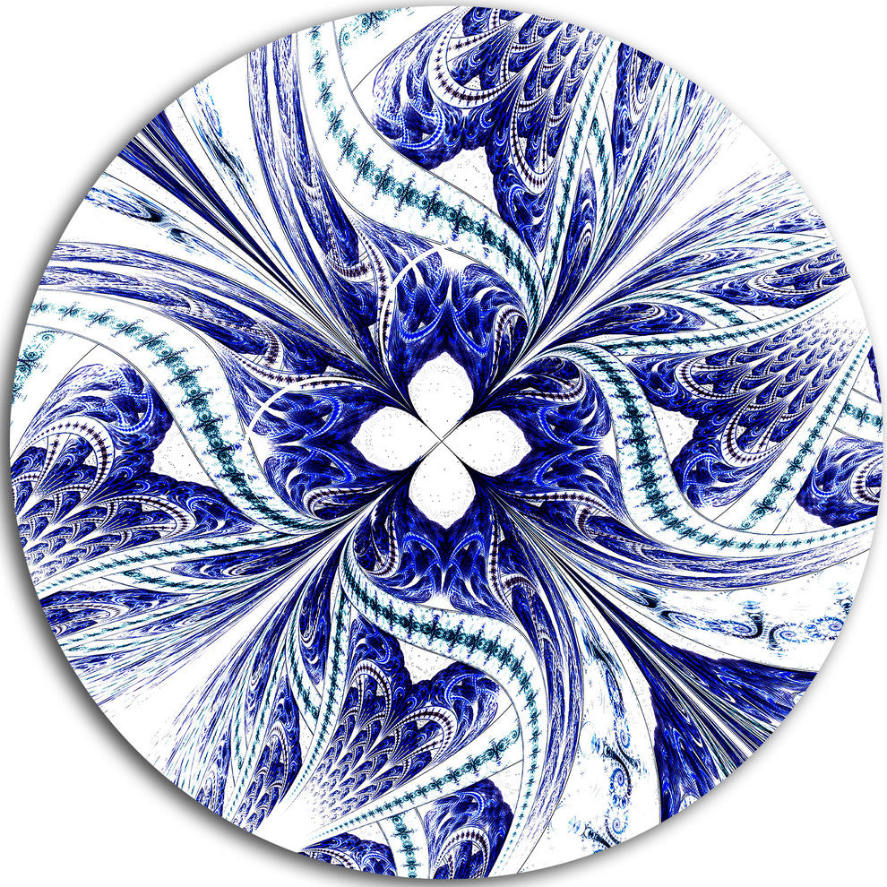 Symmetrical Blue White Fractal Flower, Floral Disc Metal Artwork, 11"