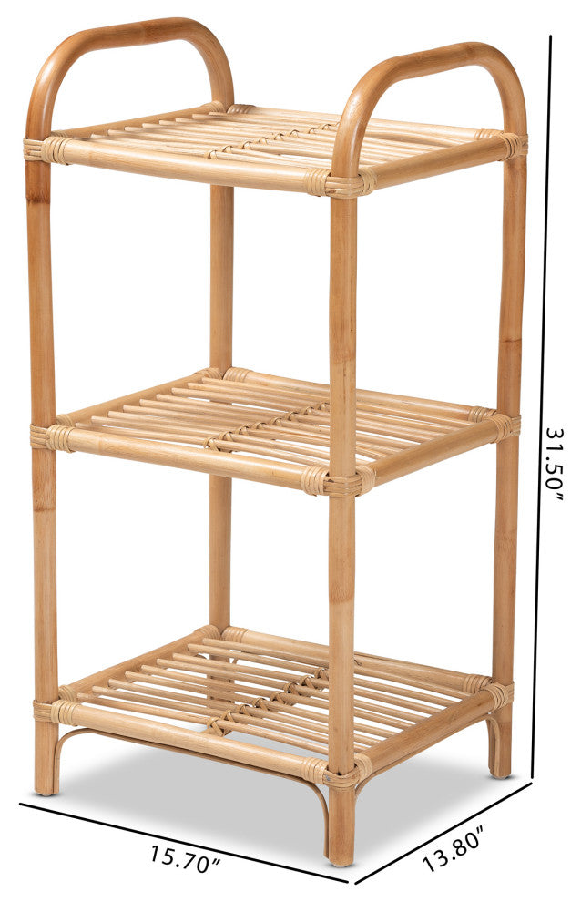 Barras Modern Bohemian Natural Brown Finished Rattan 3-Tier Display Shelf