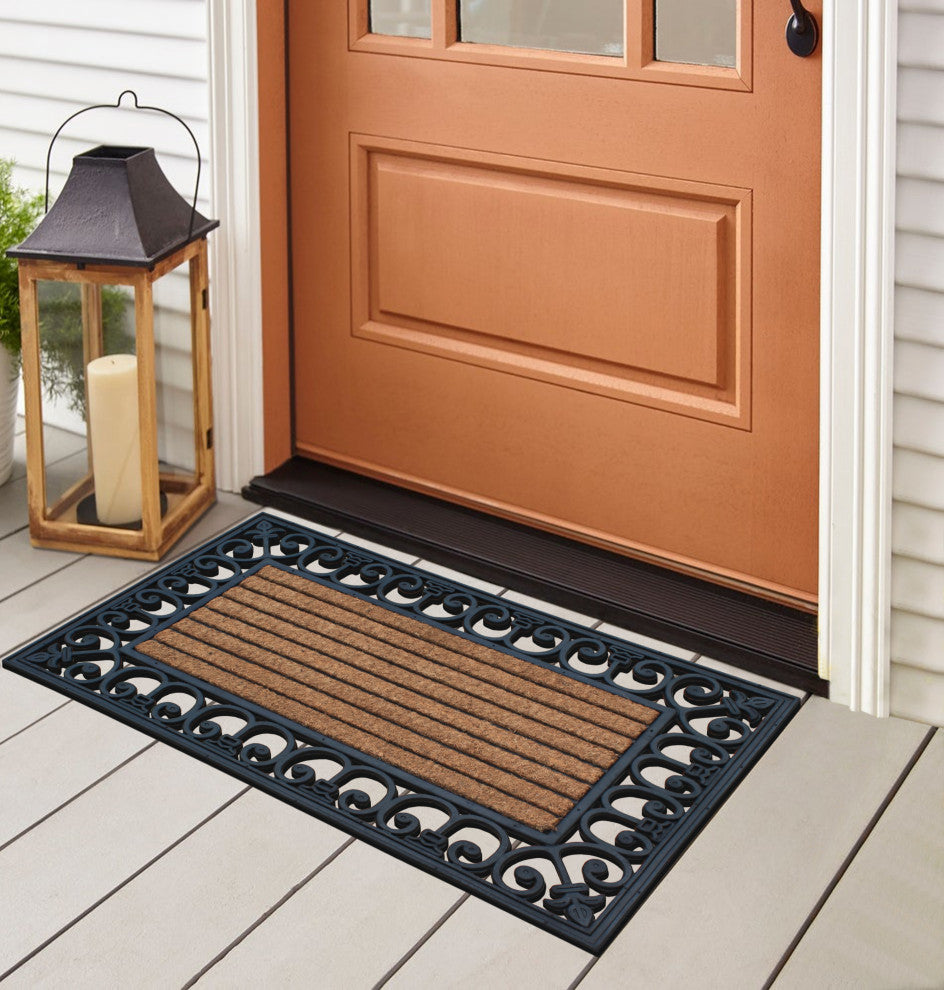 A1HC Rubber Coir Striped Black Finished Outdoor Doormat 24"x36"