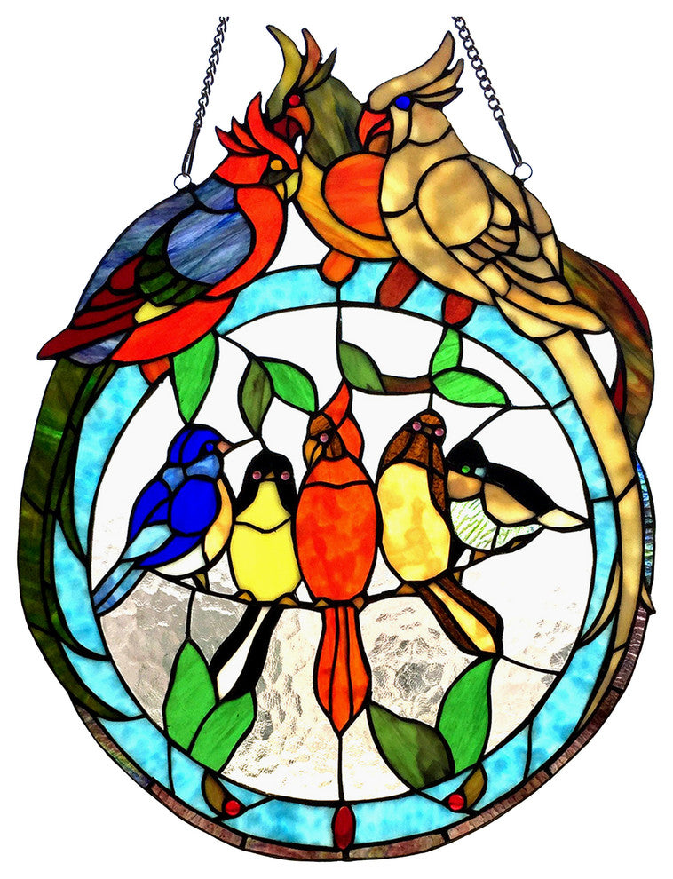 Songbird Tiffany-Glass Featuring Birds Resting On Wire Window Panel 19X25