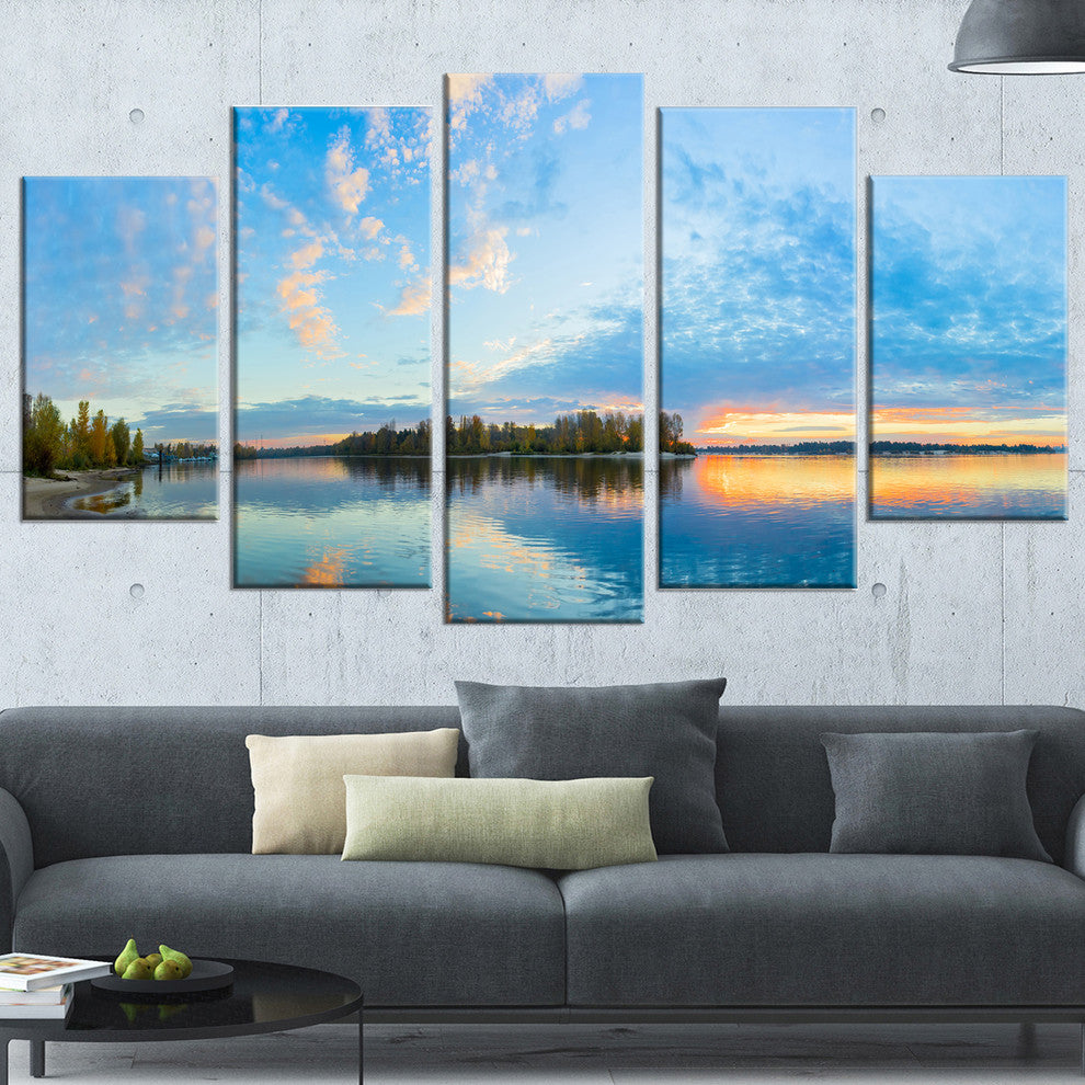 "Exotic Sunrise On River Autumn" Oversized Beach Wall Art, 5 Panels, 60"x32"