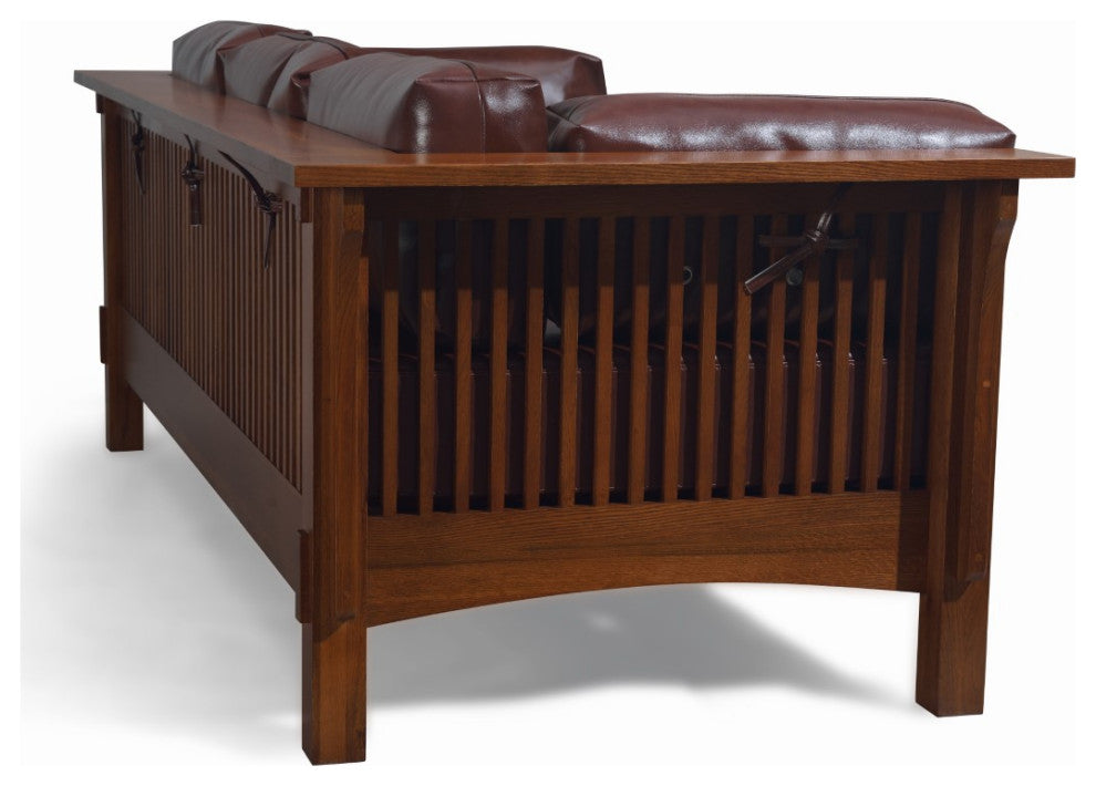 Mission Crofter Style Solid Quarter Sawn Oak and Leather Sofa, Brown Leather