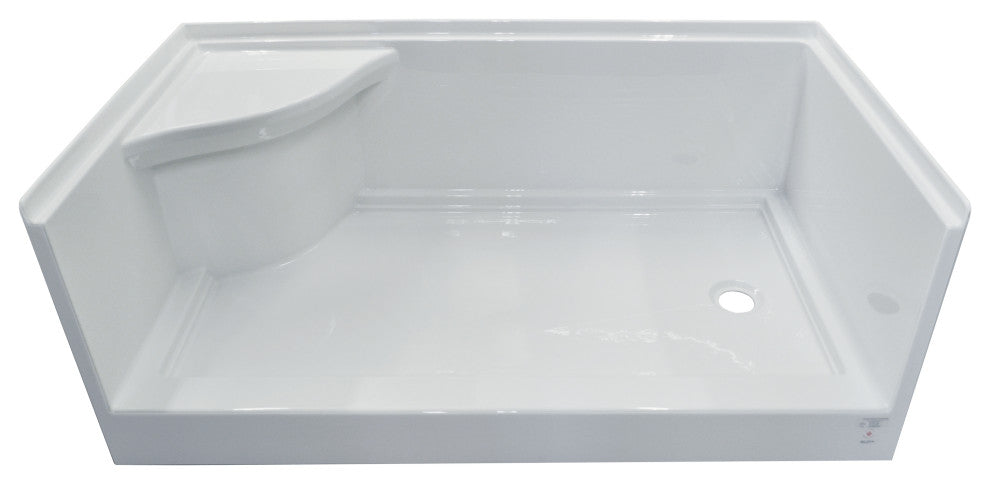 Valley Acrylic White Acrylic Integral Molded Seat Shower Base 60", White, 60"x32