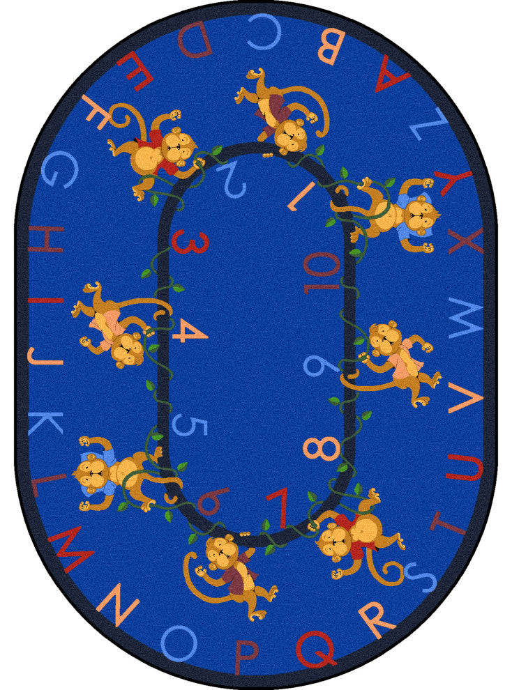 Kid Essentials Rug, Monkey Business, Blue, 7'8"x10'9" Oval
