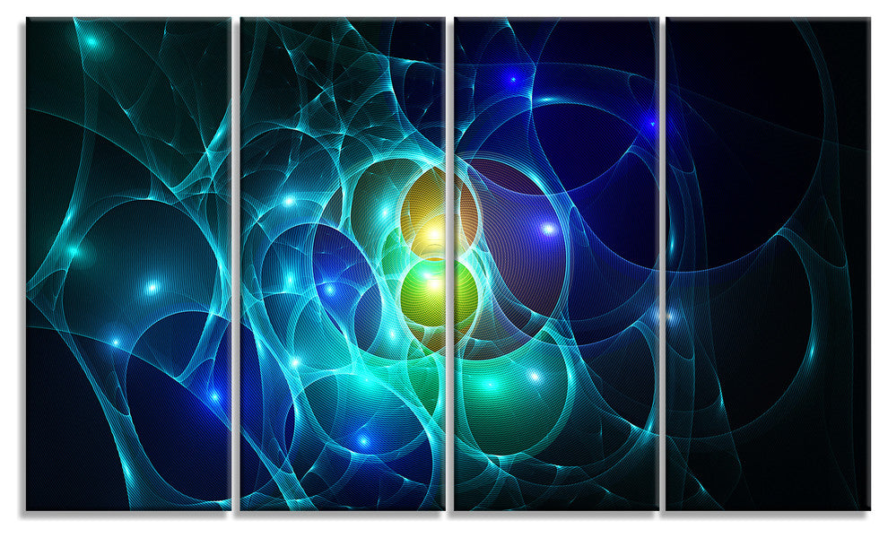 Blue Glowing Bubbles Time, Abstract Wall Art Canvas, 48"x28", 4 Panels