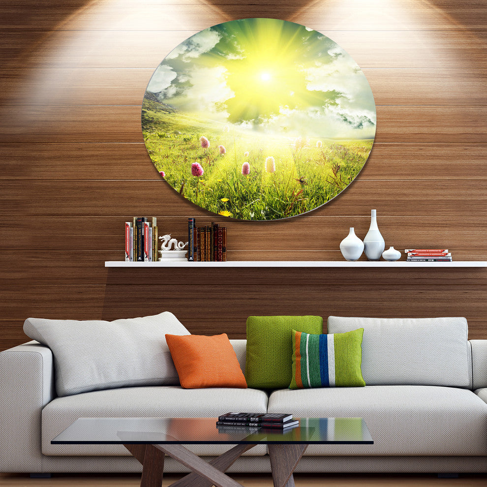 Mountains Pasture Under Bright Sunset, Landscape Round Wall Art, 11"
