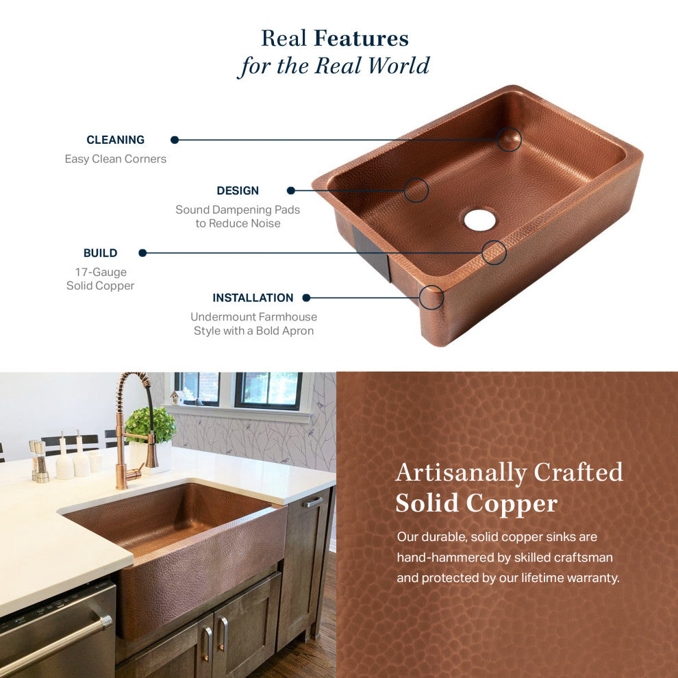 Lange Copper 25" Single Bowl Farmhouse Apron Front Undermount Kitchen Sink