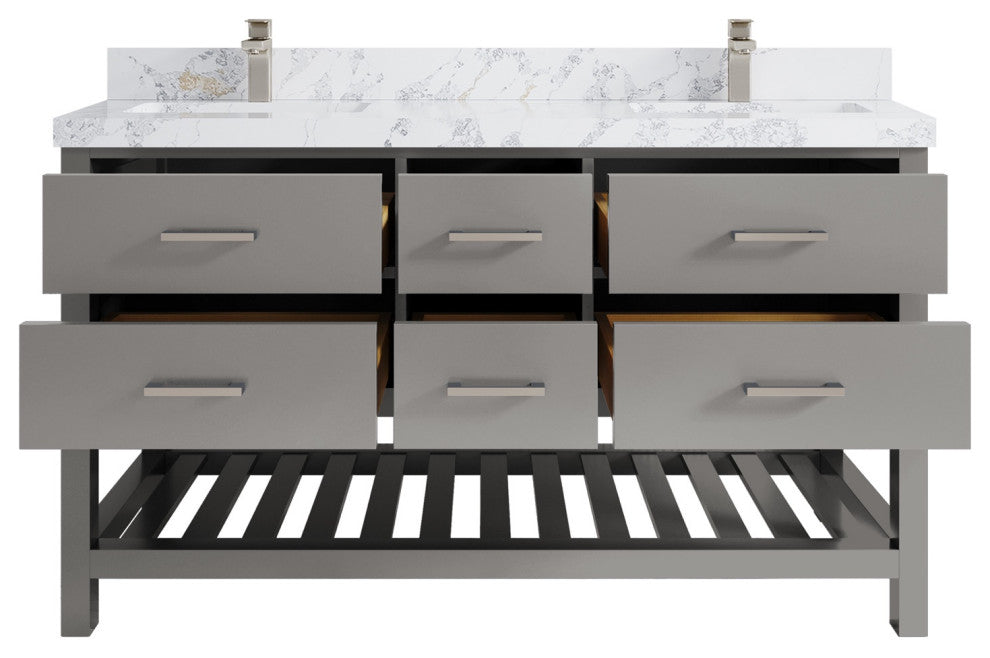 Parker 60" Double Sink Bath Vanity, Elephant Skin Gray 2" Calacatta Poanazzo