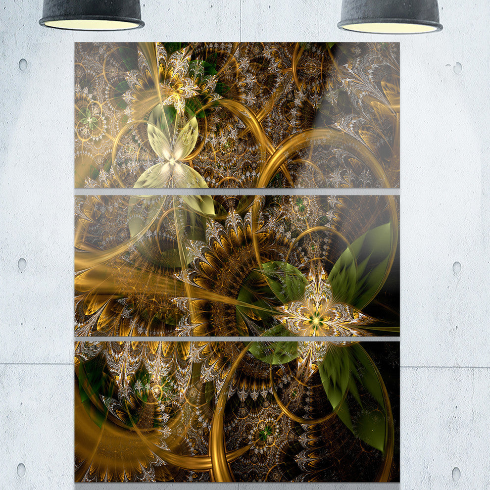 "Green Gold Digital Art Fractal Flower" Metal Wall Art, 3 Panels, 28"x36"