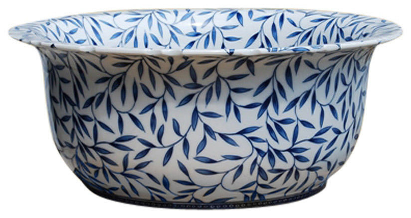 Blue and White Porcelain Bamboo Leaf Motif Bowl 16"