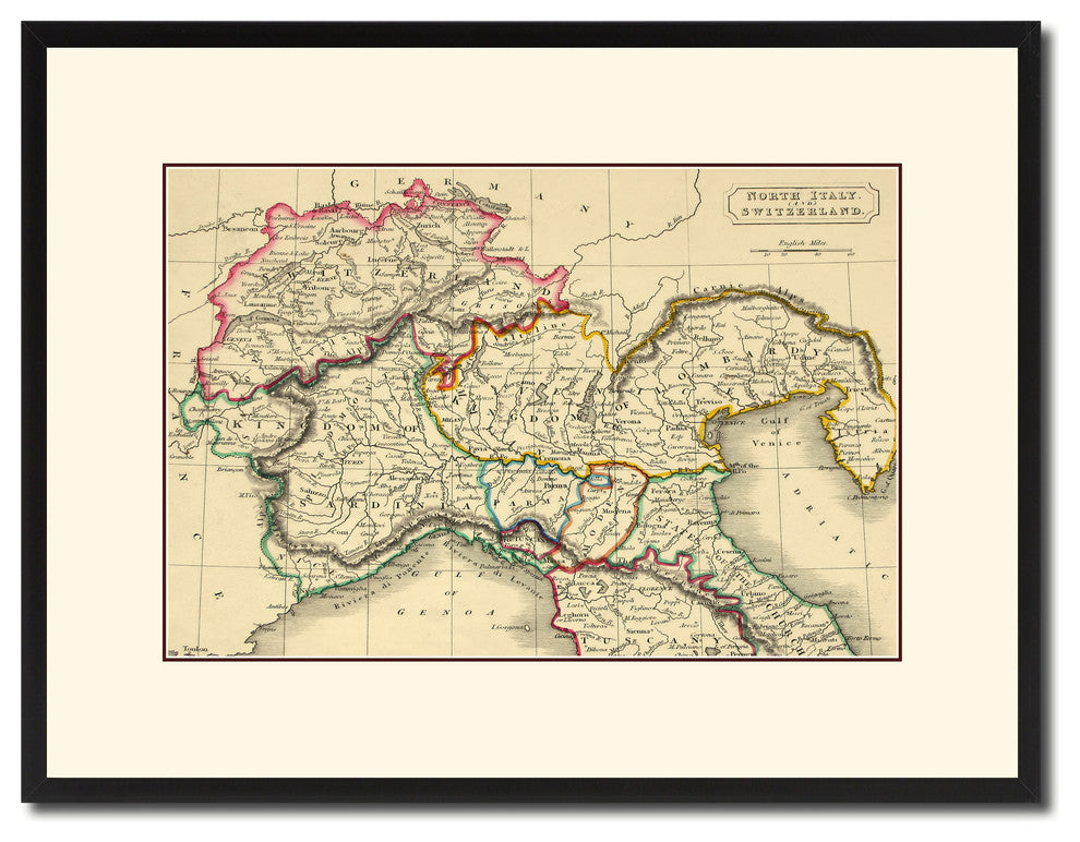 Northern Italy Vintage Antique Map Wall Art, 16"x21"