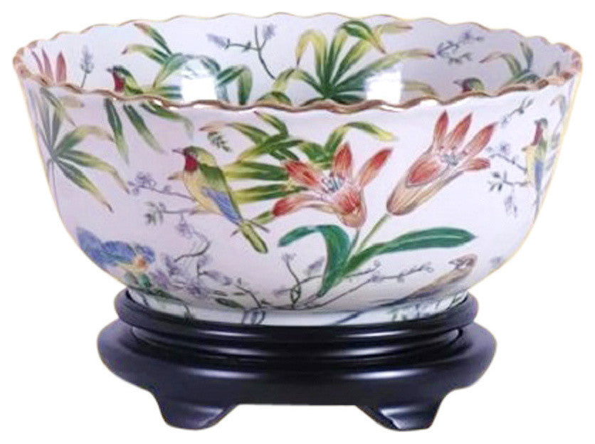 Chinese Multi Color Floral Bird Pattern Porcelain Bowl With Base 14"