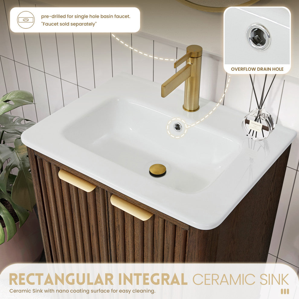 Mumbai Bath Vanity with Ceramic Basin Top without Mirror, Dark Brown Oak, 24", Single Vanity
