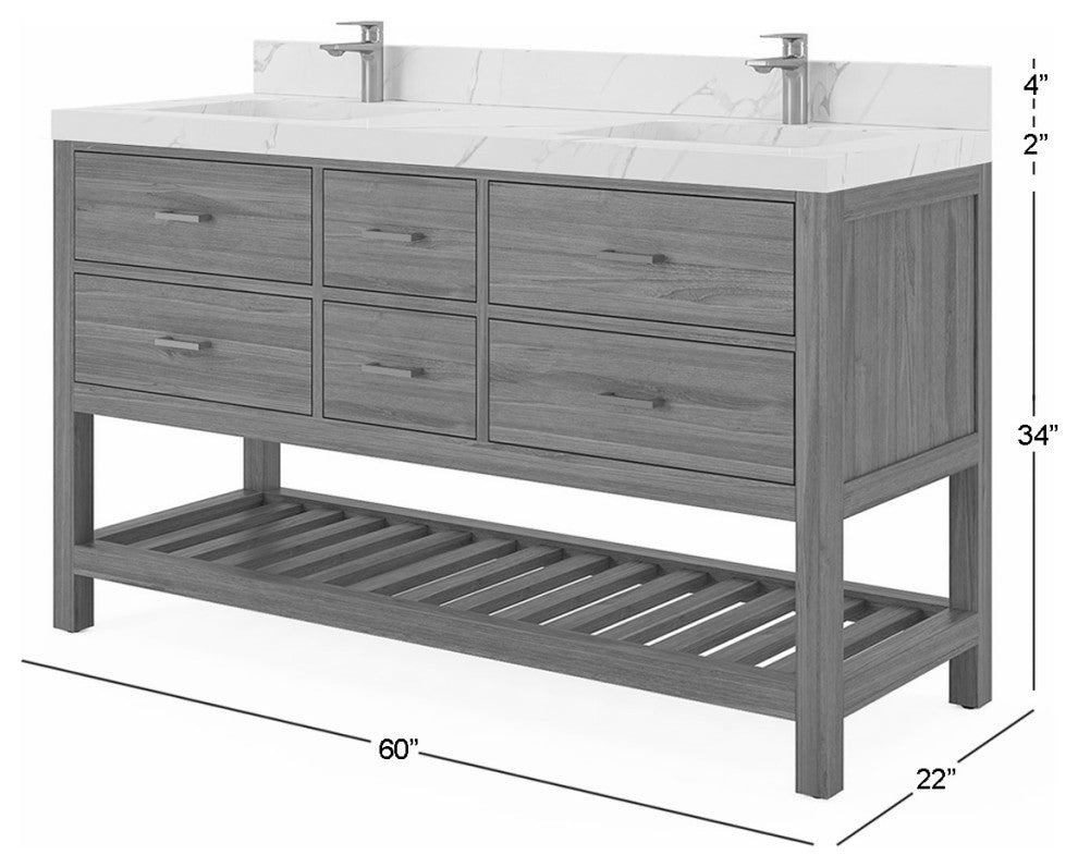 Parker Teak 60" Double Sink Vanity, Golden Teak, 2" Piatra Gray Quartz