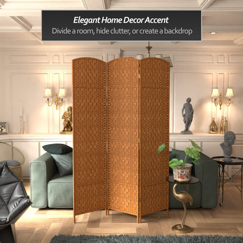7' Tall Diamond Weave Room Divider, Dark Beige, 3 Panels