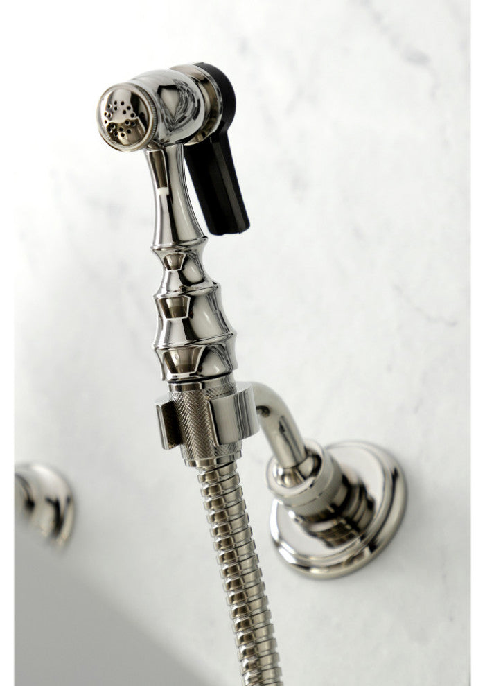 KS1266PKLBS Wall Mount Bridge Kitchen Faucet With Brass Sprayer, Polished Nickel