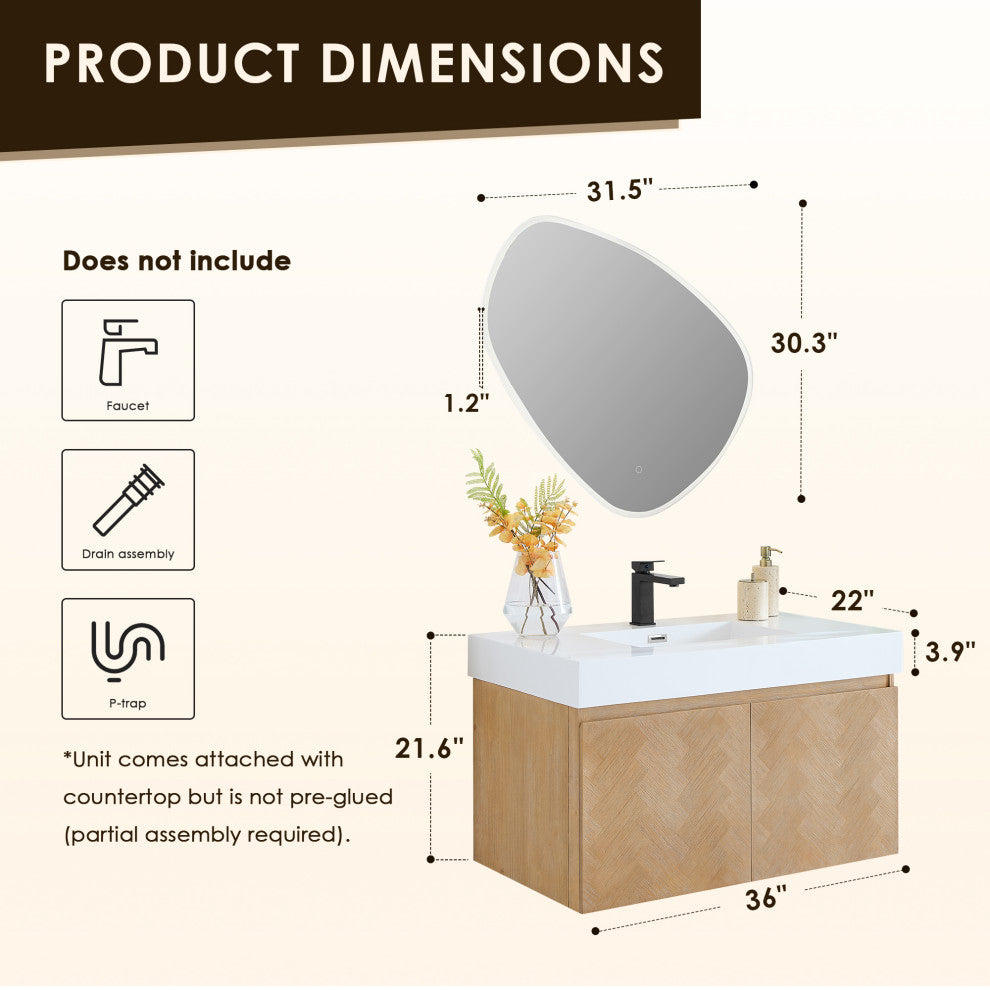 Siena Wall-mounted Single Bath Vanity, Light Brown, 36inch, With Mirror