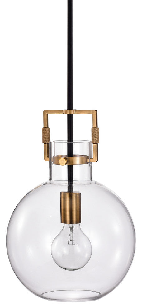 1-Light Black and Antique Gold 10in. Globe Shaped Clear Glass Pendant