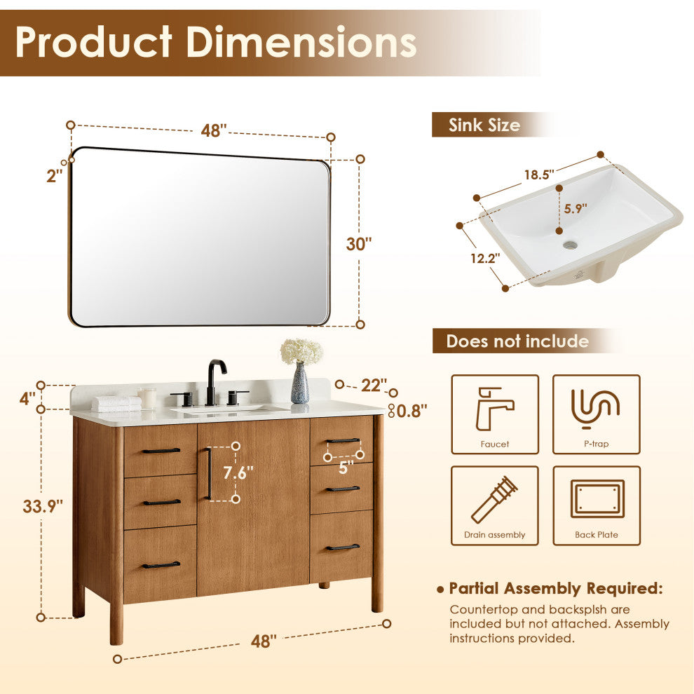 Velora Bathroom Vanity, Mango Brown, 48", With Mirror