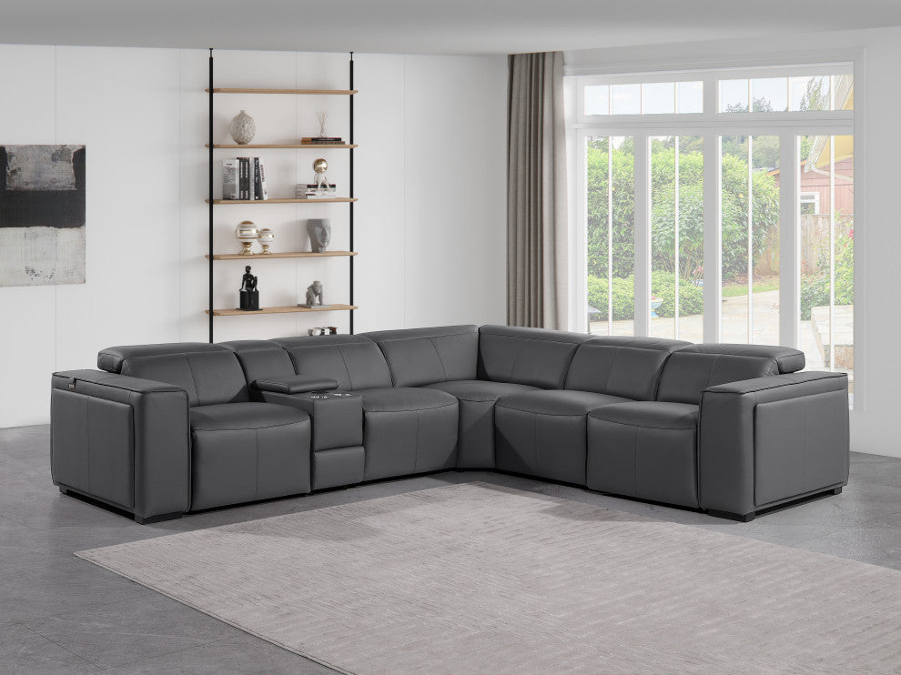 Niccolo Top Grain Italian Leather 6-Piece L-Shaped Power Reclining Sectional, Dark Grey