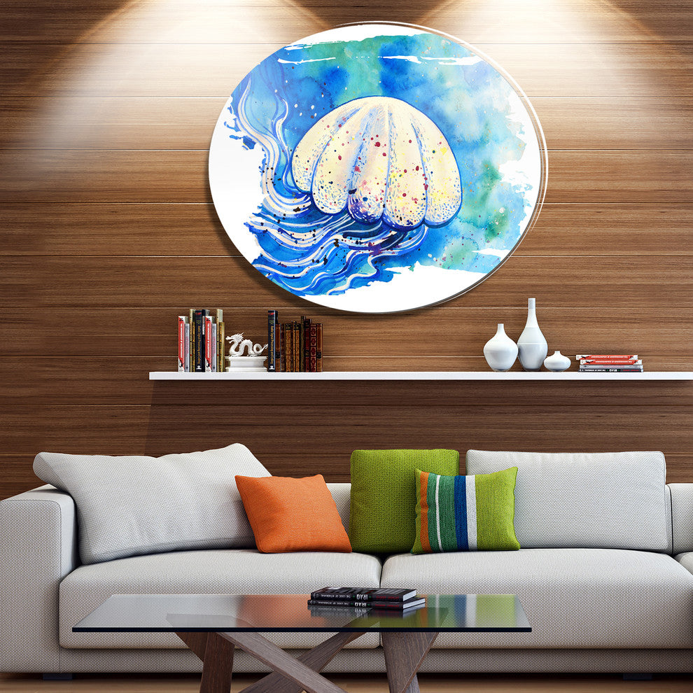 Jellyfish Watercolor Painting, Animal Disc Metal Artwork, 11"