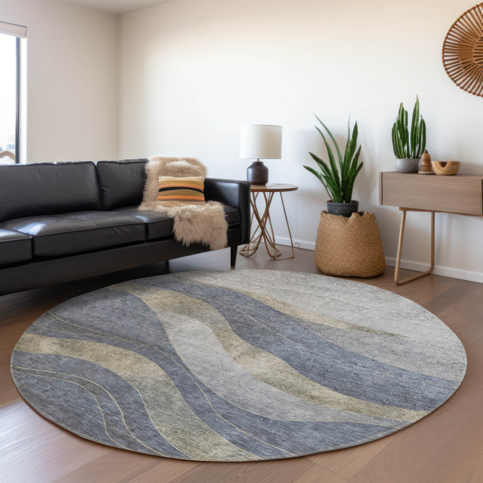 Machine Washable Indoor/Outdoor Chantille ACN1892 Denim 8' x 8' Round Rug