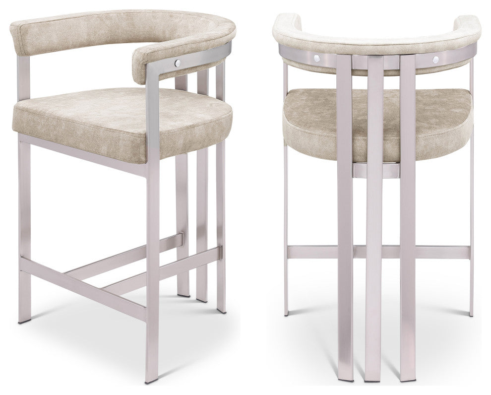 Marcello Upholstered Counter Stool, Beige, Velvet, Brushed Chrome