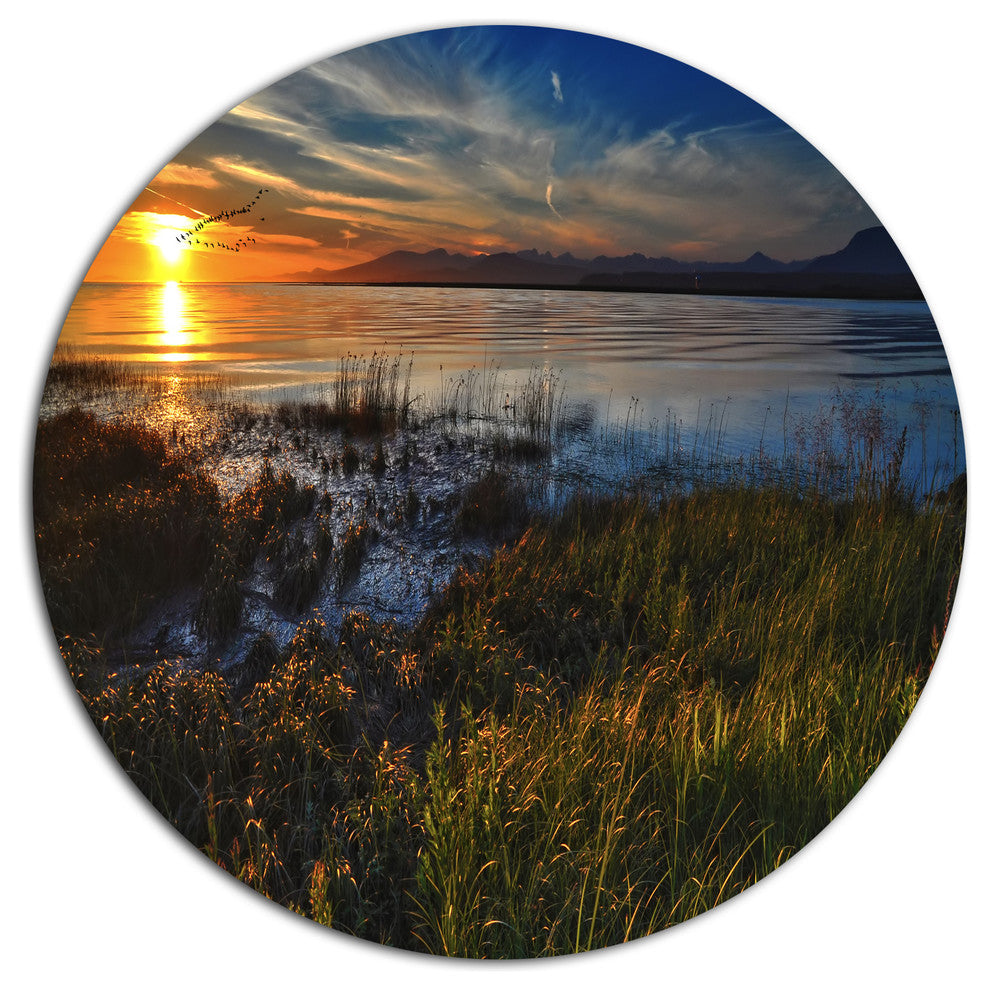 Warm River Sunset With Migrating Geese, Landscape Disc Artwork, 23"