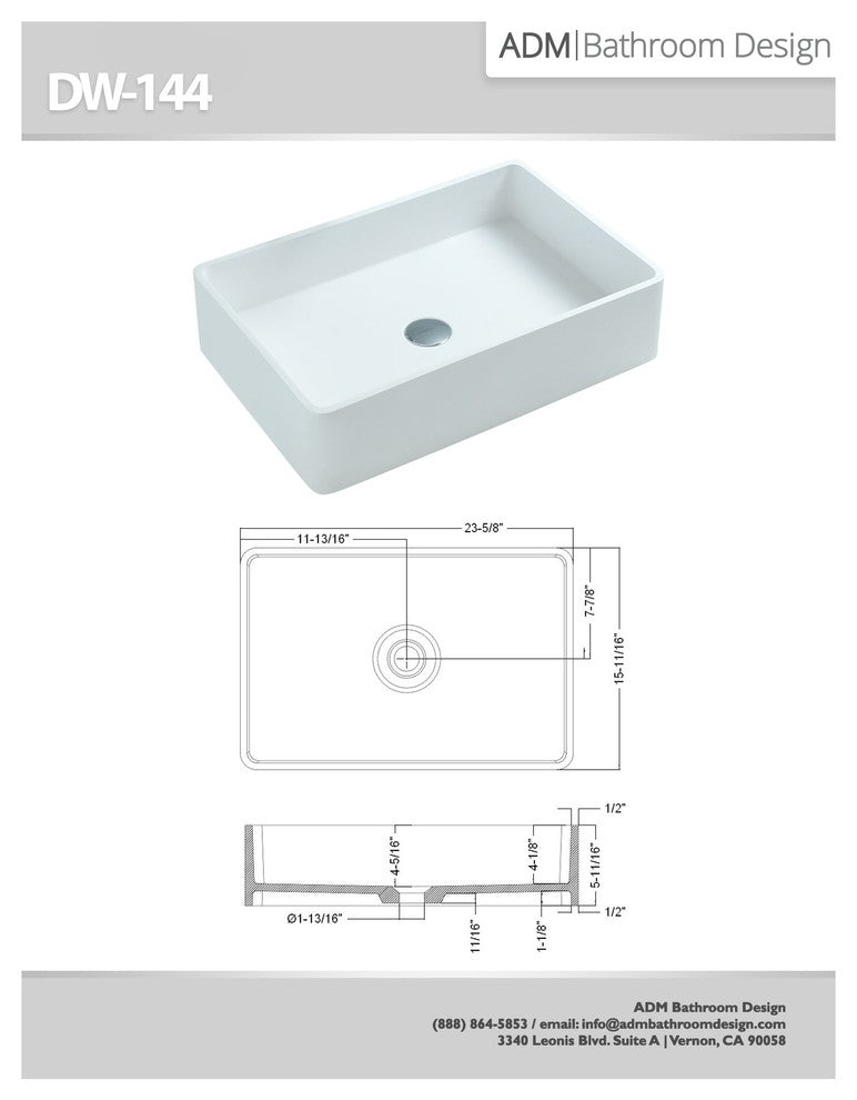ADM Rectangular Stone Resin Countertop Sink, White, 24", Glossy White