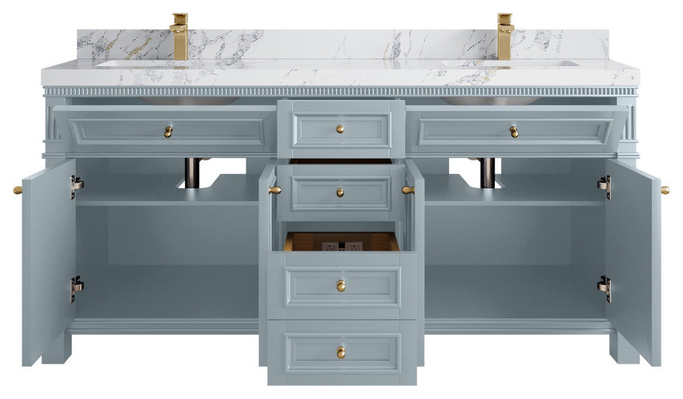 Paris 72" Double Sink Bathroom Vanity, Blue Heather 2" Calacatta Poannazo