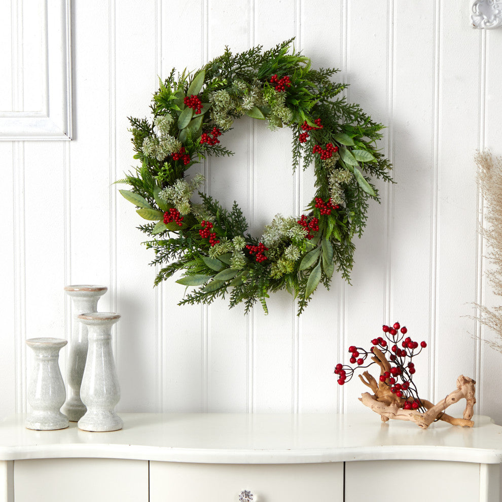 W1273 24 Cedar, Eucalyptus and Berries Artificial Christmas Wreath