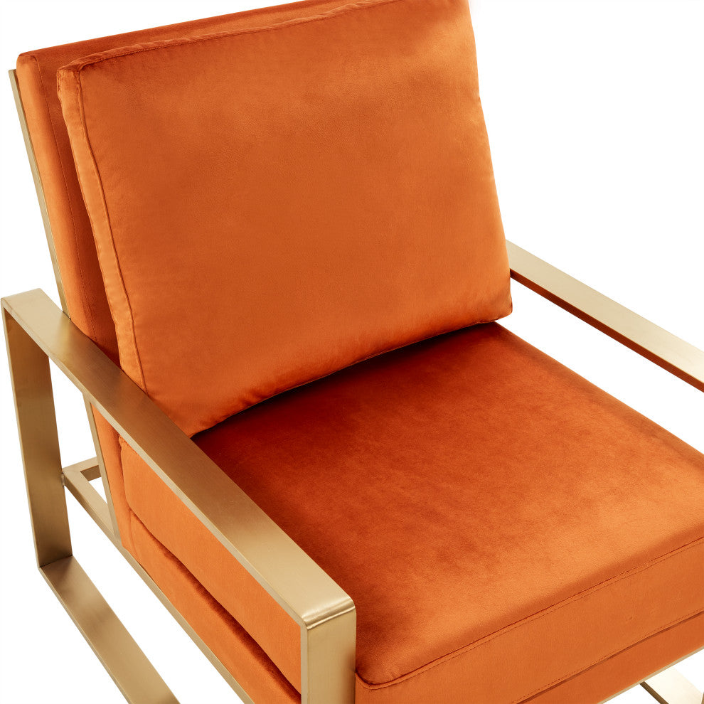 LeisureMod Jefferson Velvet Accent Armchair With Gold Frame, Orange Marmalade