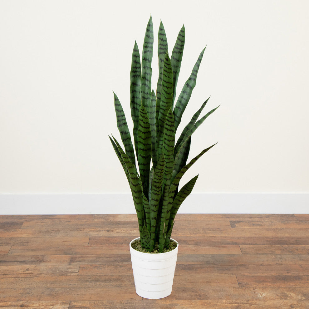 4ft. UV Resistant Artificial Sansevieria Plant, White Decorative Planter
