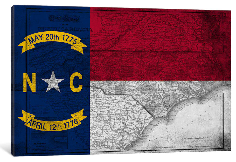 "State Flag Overlay Series: North Carolina (Vintage Map)" by iCanvas, 18x12x1.5"
