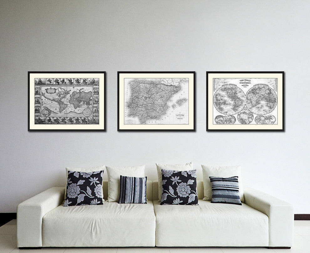 Spain Portugal Vintage B&W Map Canvas Print, 16"x21"