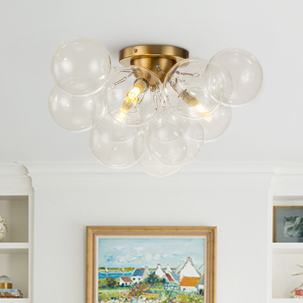 Modern 3-Light Sputnik Design Clear Glass Bubble Semi Flush Mount, Brass
