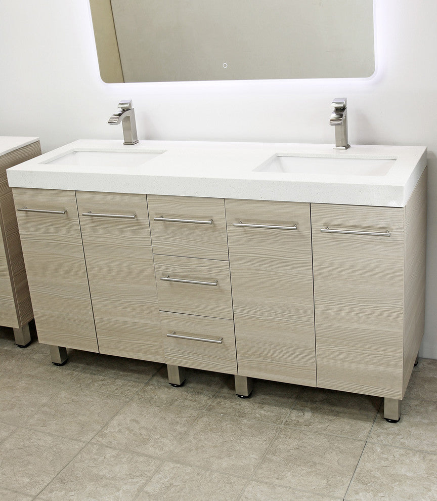 Windbay 60" Free Standing Double Vanity, Tan, White Quartz Under Mount Counter T