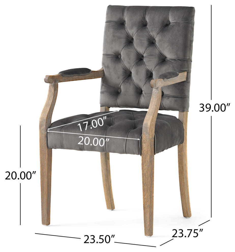 GDF Studio Myrtle Contemporary Velvet Tufted Dining Arm Chair, Charcoal and Oak