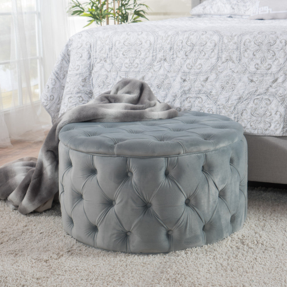 GDF Studio Maelyn Modern Glam Tufted Velvet Round Ottoman, Sky Gray