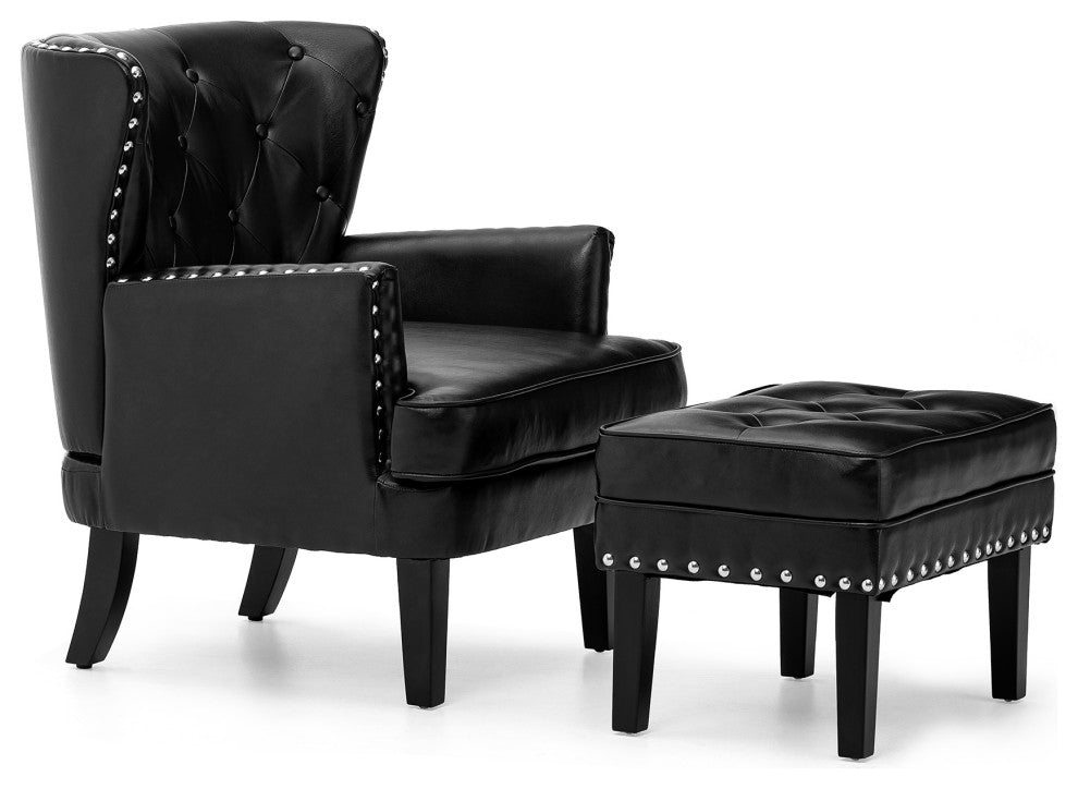 Set of 2 Accent Chair and Accent Stool, Black