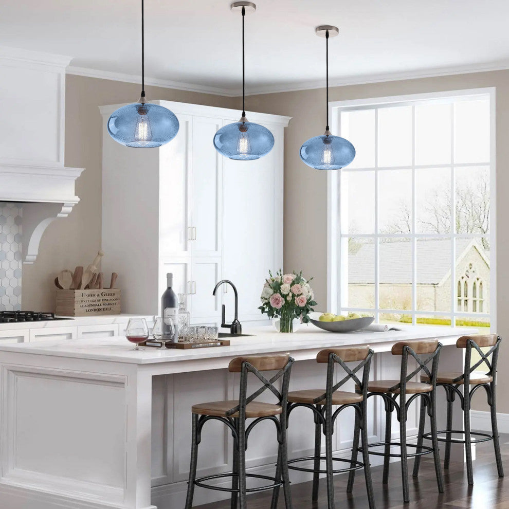 Modern 1-Light Blue Bubble Glass Design Brushed Nickel Pendant Light