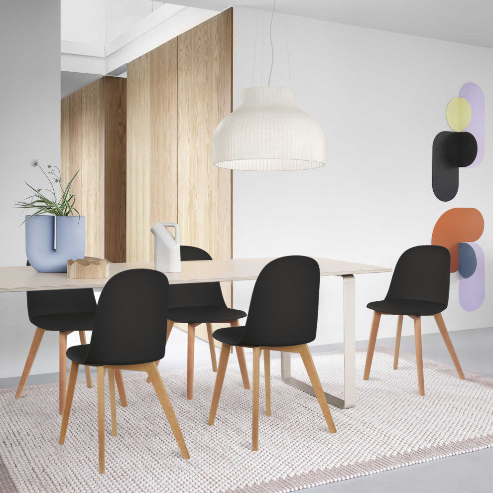 Set of 4 Modern Dining Side Chairs Molded Plastic With Round Back Wooden Legs, Black
