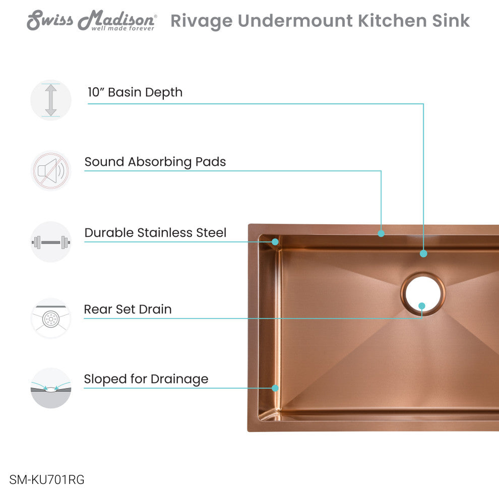 Rivage 32"x19" Stainless Steel, Single Basin, Undermount Kitchen Sink, Rose Gold