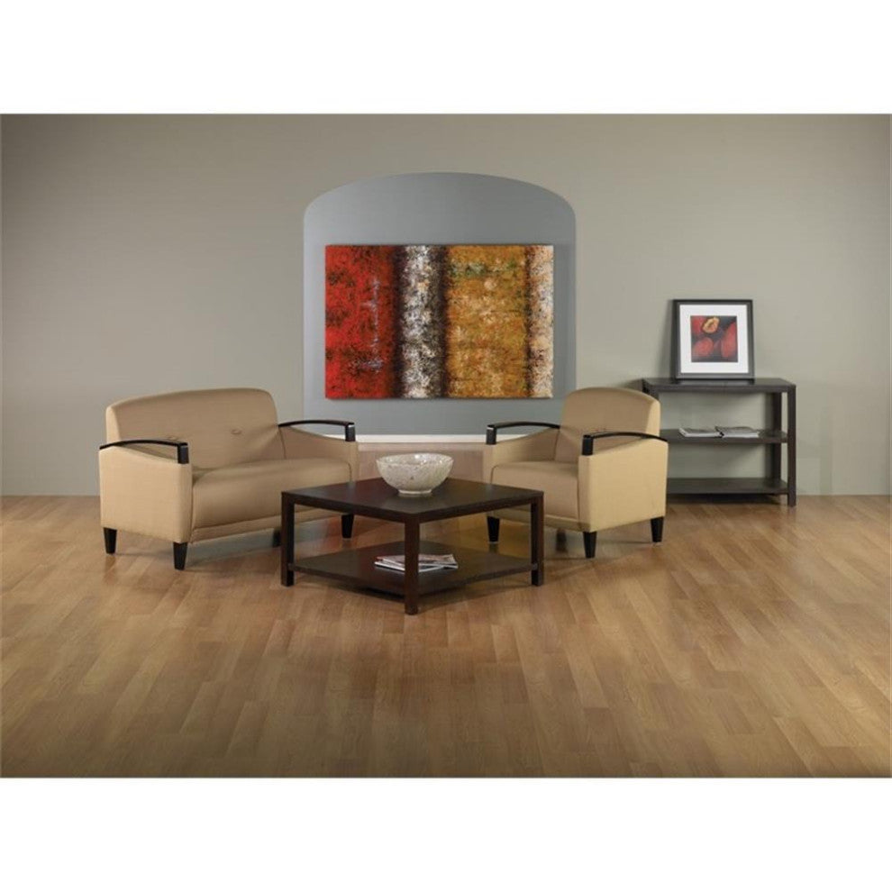 Main Street Woven Wheat Chair with Interlace Weave Fabric and Espresso Arms